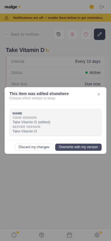 Nudge conflict resolution modal with a per-field diff