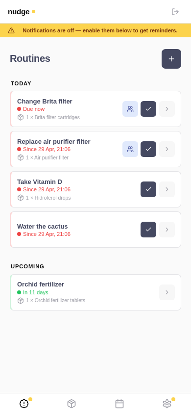 Nudge dashboard with four routines, one shared with a contact