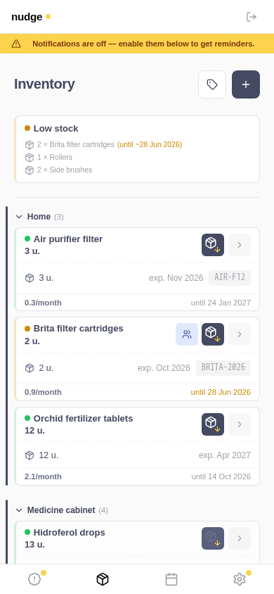 Nudge inventory with five stock items, one shared, and lot-level expiry dates
