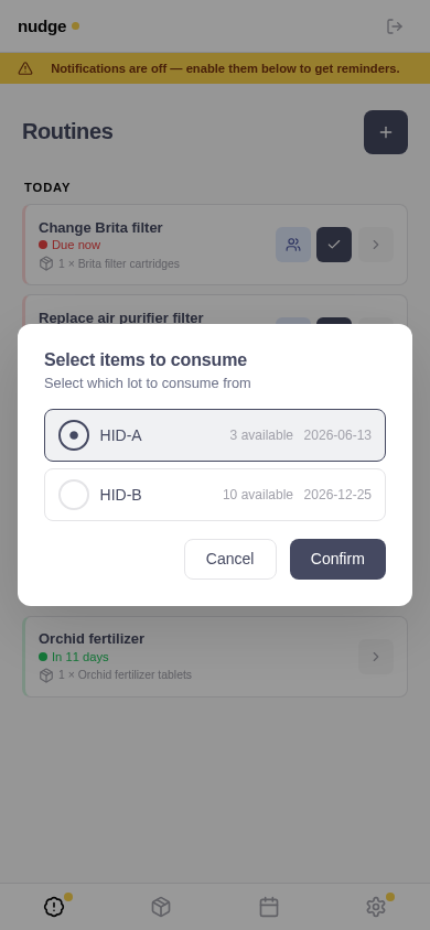 Nudge lot-selection modal showing two Vitamin D lots ordered by expiry date