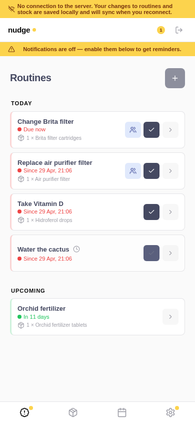 Nudge dashboard with the offline banner and a pending mutation counter
