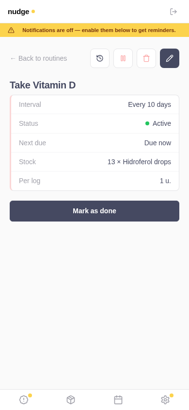 Routine detail with next due date and history