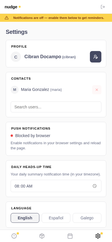 Settings: contacts, push, language, timezone
