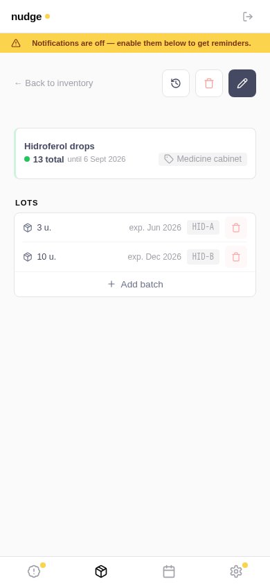 Stock detail with per-lot quantities and consumption audit